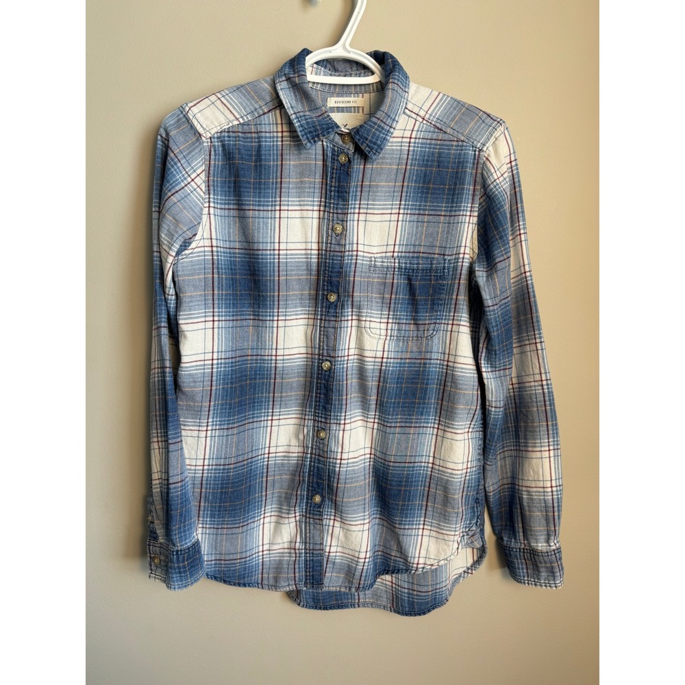 American Eagle Outfitters Boyfriend Fit Plaid Flannel Button Up Shirt Blue Small